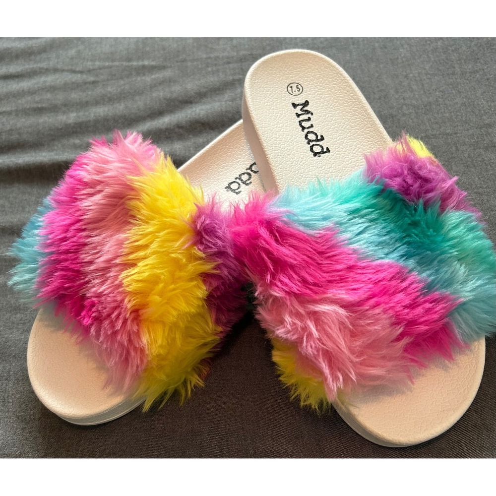 Mudd Womens Rainbow Faux Fur Slide Sandals Multi Color Slip On Shoes Size 7.5